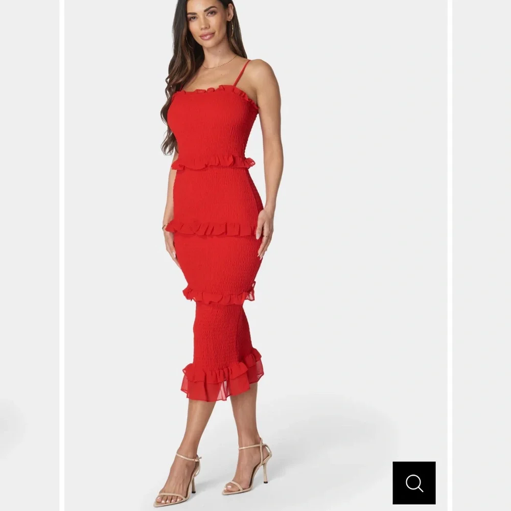bebe Red Ruffle Midi Dress - Picture 1 of 4